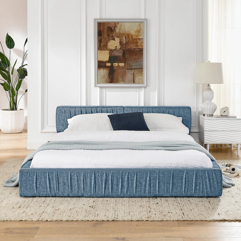 Grounded Queen Size Platform Bed with Headboard and Solid Frame - Dark Blue