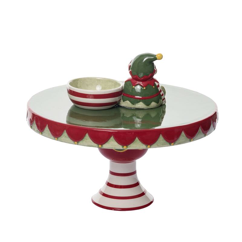 Transpac 12.25 in. Holiday Santas Elf Pedestal with Dip Bowl Set of 2