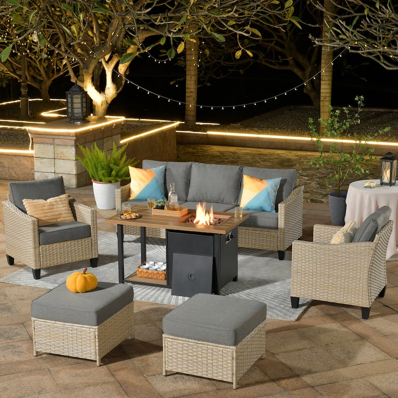 HOOOWOOO Outdoor 6-piece PE Wicker Conversation Patio Set with Fire Pit Table - Dark Grey