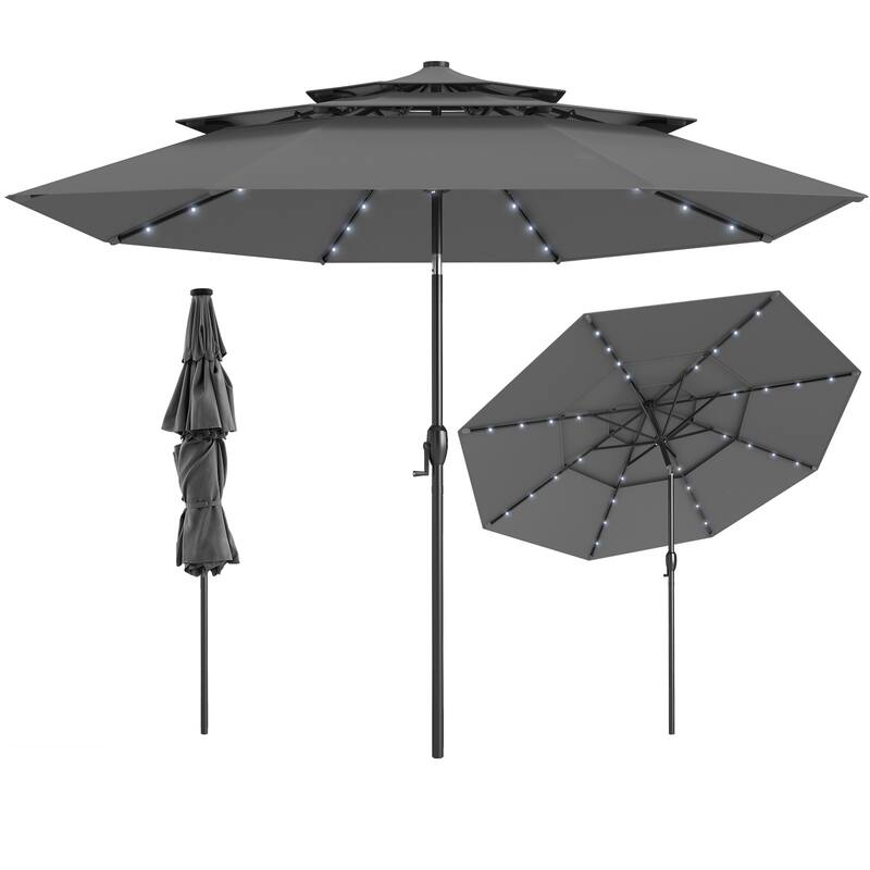 Polyester 10.3ft Solar LED Patio Umbrella with Auto Tilt and Crank