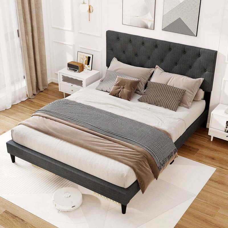 Costway Twin/Full/Queen Size Bed Frame with Button-Tufted Headboard &
