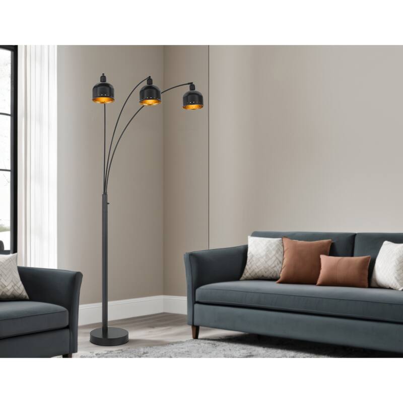 60W x 3, 3 way Ellington arc floor lamp with metal gold tone shades and heavy weighted base - One Size