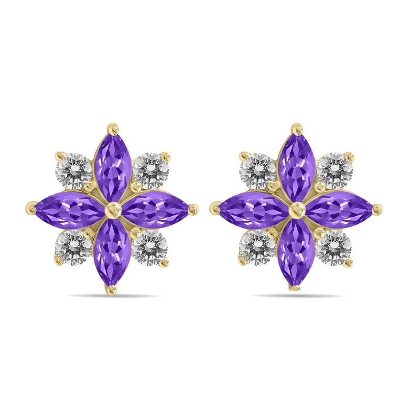 Marquee 1 Carat TW Amethyst and Diamond Flower Earrings in 10K Yellow Gold