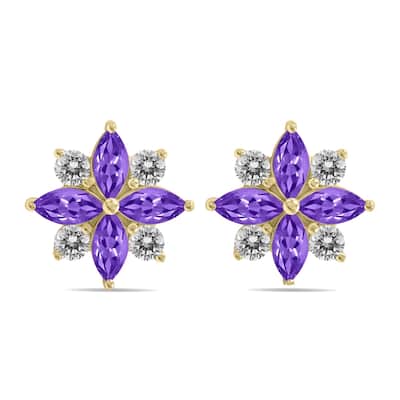 Marquee 1 Carat TW Amethyst and Diamond Flower Earrings in 10K Yellow Gold