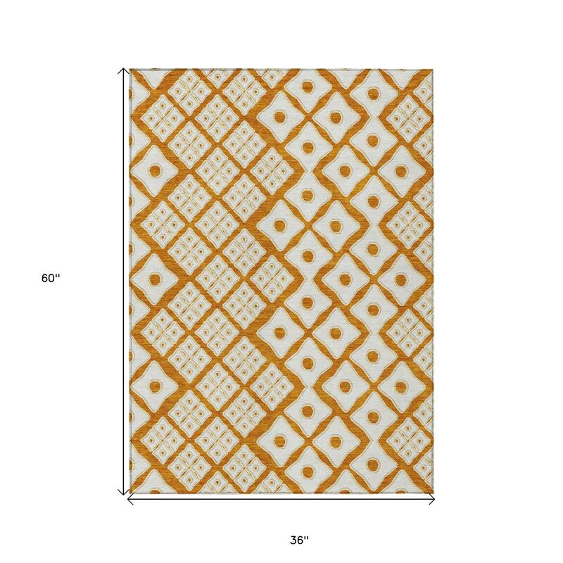 Orange And Ivory Geometric Washable Indoor Outdoor Area Rug - 3' x 5'