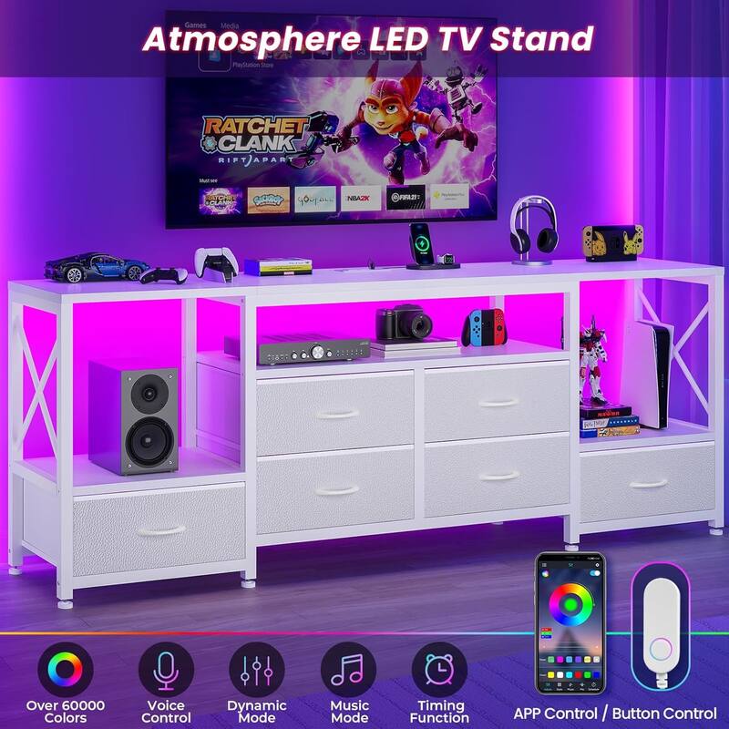 TV Stand with LED Lights Power Outlets Dresser Fabric Drawers Entertainment Center