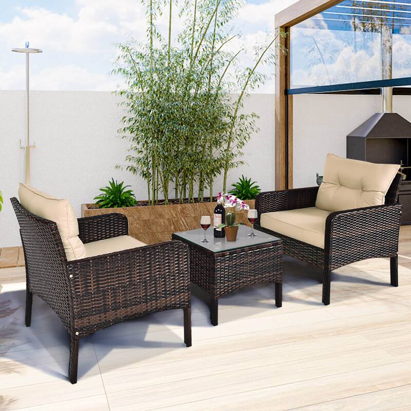 Costway 3 PCS Patio PE Wicker Furniture Set with Cushions and Tempered - See Details