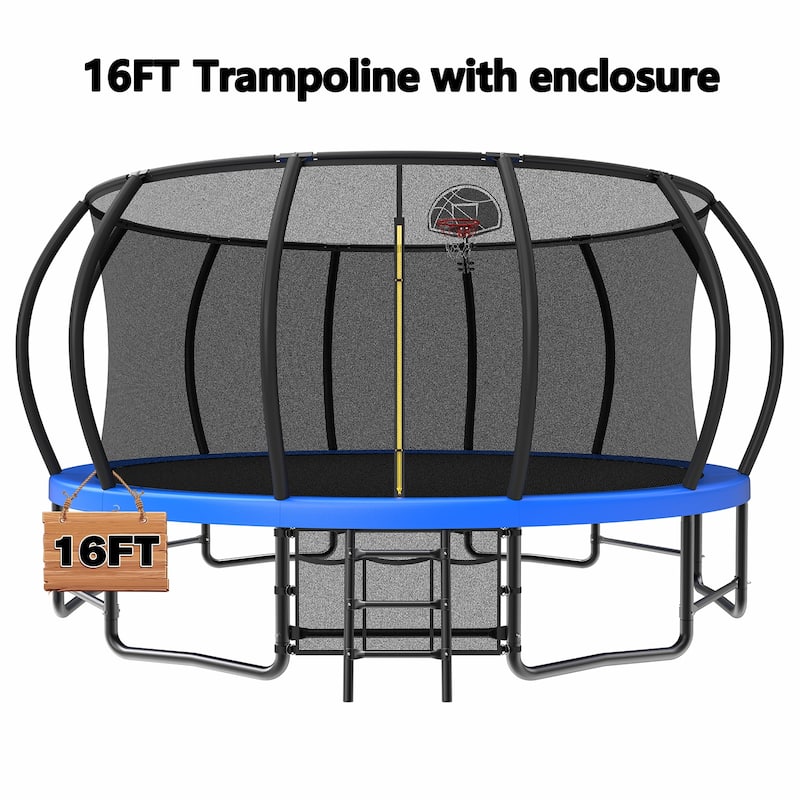 16FT Outdoor Trampoline for Kids and Adults, Pumpkin Trampolines with Curved Poles,Heavy Duty Trampoline