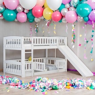 Twin Over Twin Low Bunk Bed With Slide,Fence and Ladder for Bedroom