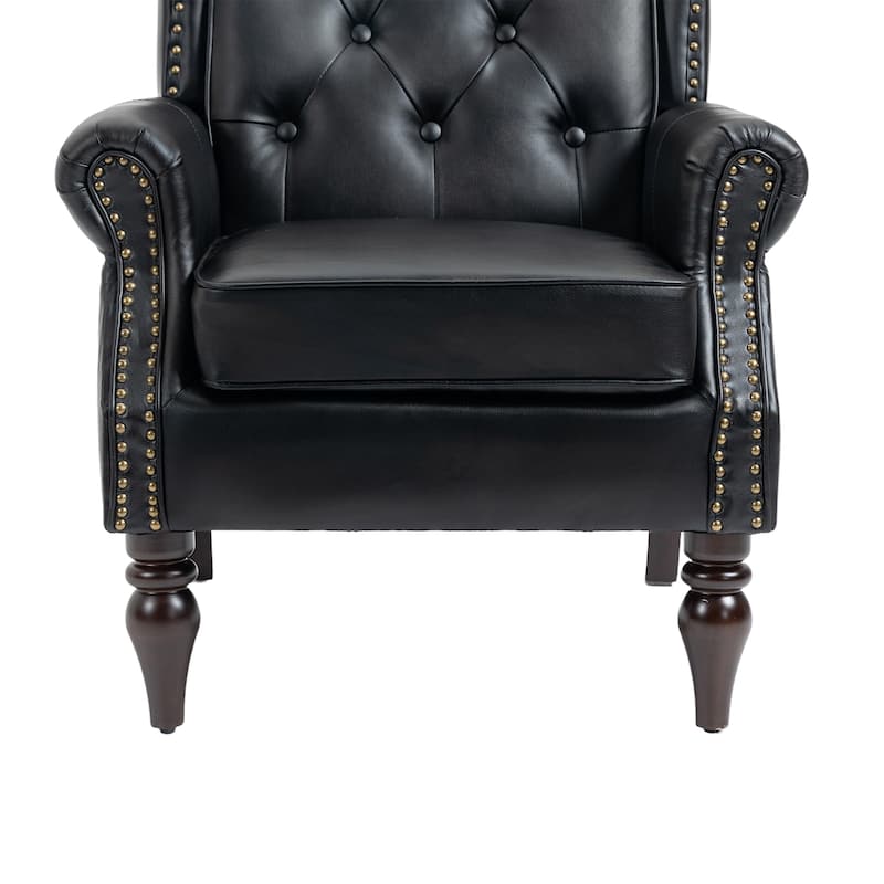 Black PU Modern 29.33" High Back Upholstered Arm Chair with Sturdy Wood Legs and Nailheads for Living Room