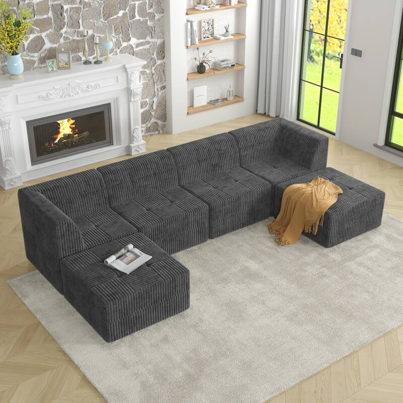 130.3" U-Shaped Corduroy Sectional Sofa with Sleeper (6/7/9-Seater)