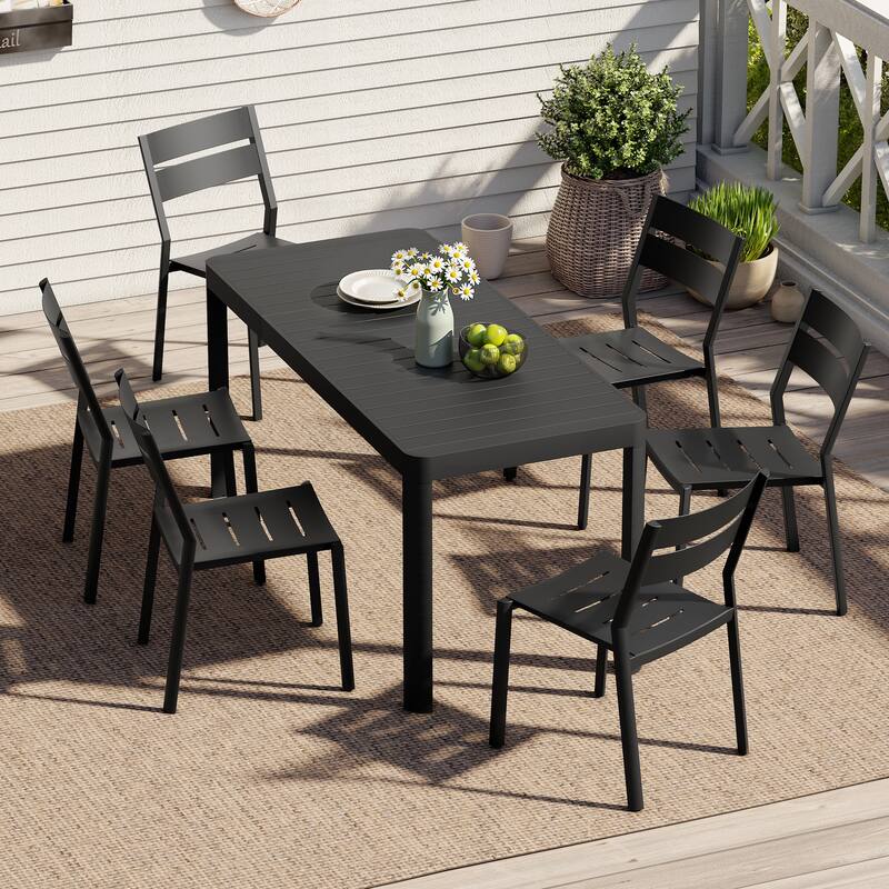 7-Piece Set Outdoor Patio Expandable Aluminum Dining Table with Stackable Chairs