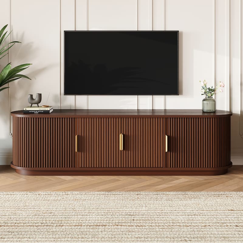 Wooden TV Stand with Sliding Tambour Door for TVs up to 75", Fluted TV Cabinet Media Console Table for Living Room - Walnut