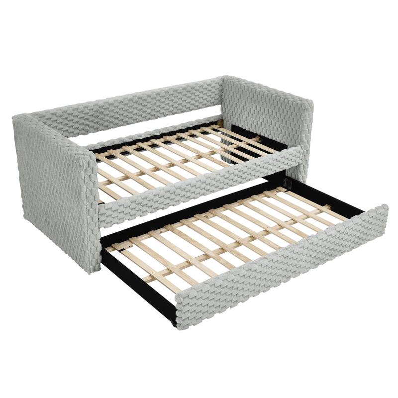 Modern Twin Size Upholstered Daybed with Pull-Out Sofa Bed Function, Dark Grey Plaid Corduroy Fabric