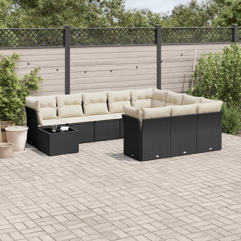 vidaXL Patio Sofa Set with Cushions Outdoor Furniture 11 Piece Poly Rattan - 21.7 x 21.7 x 14.6 - Black and cream