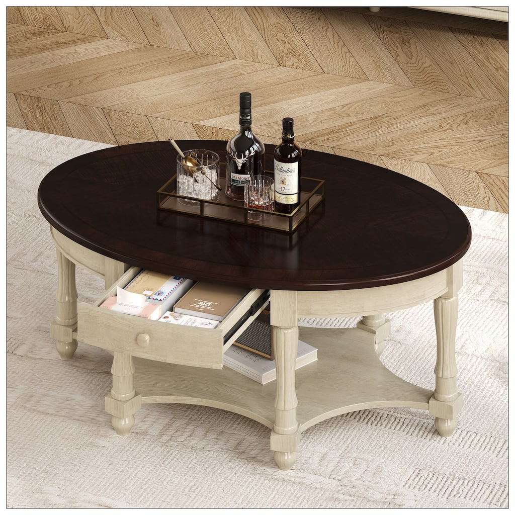 Vintage Oval Coffee Table with Drawer and Storage Shelf