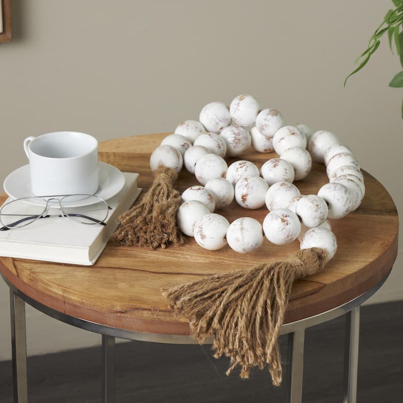Cream Wood Handmade Distressed Beaded Garland with Tassel - Off-White