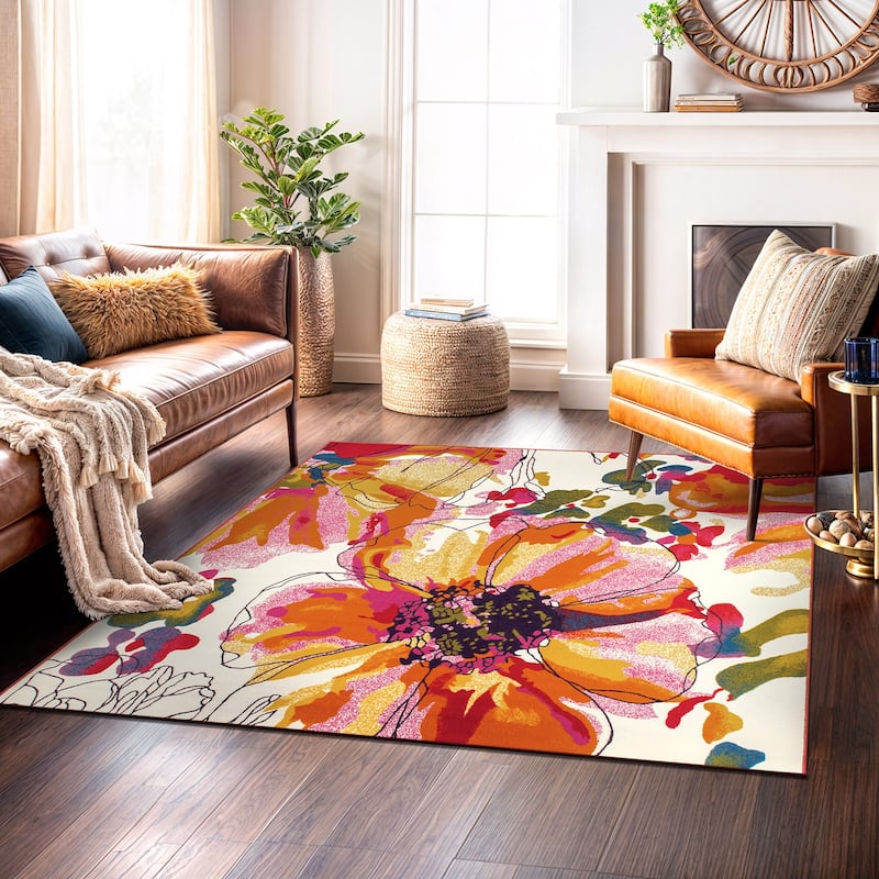 World Rug Gallery Modern Bright Flowers Non-Slip Area Rug Multi
