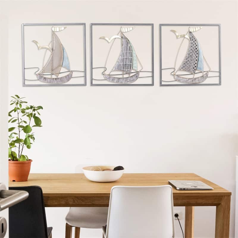 Adeco 3D Metal Ship Wall Decoration Sailboat Wall Sculpture - Color-1