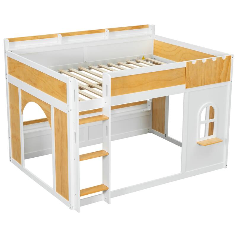 Kids Wooden Bunk Bed with Built-in Storage Shelves, Playful Window and 2 Doors
