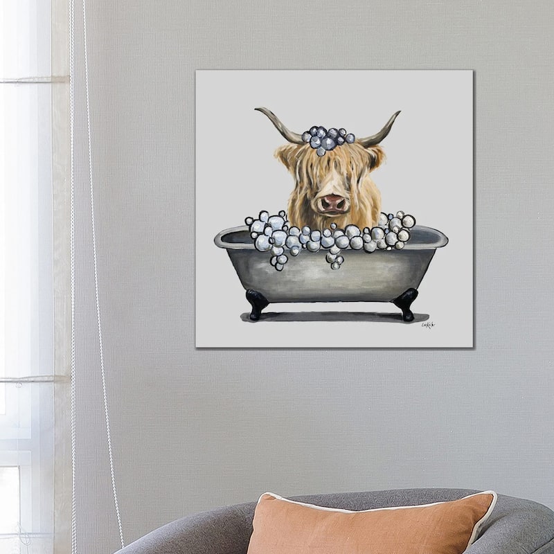 iCanvas "Animals In The Tub Series, Highland Cow In Bathtub" by Hippie Hound Studios Canvas Print - 26x26x1.5