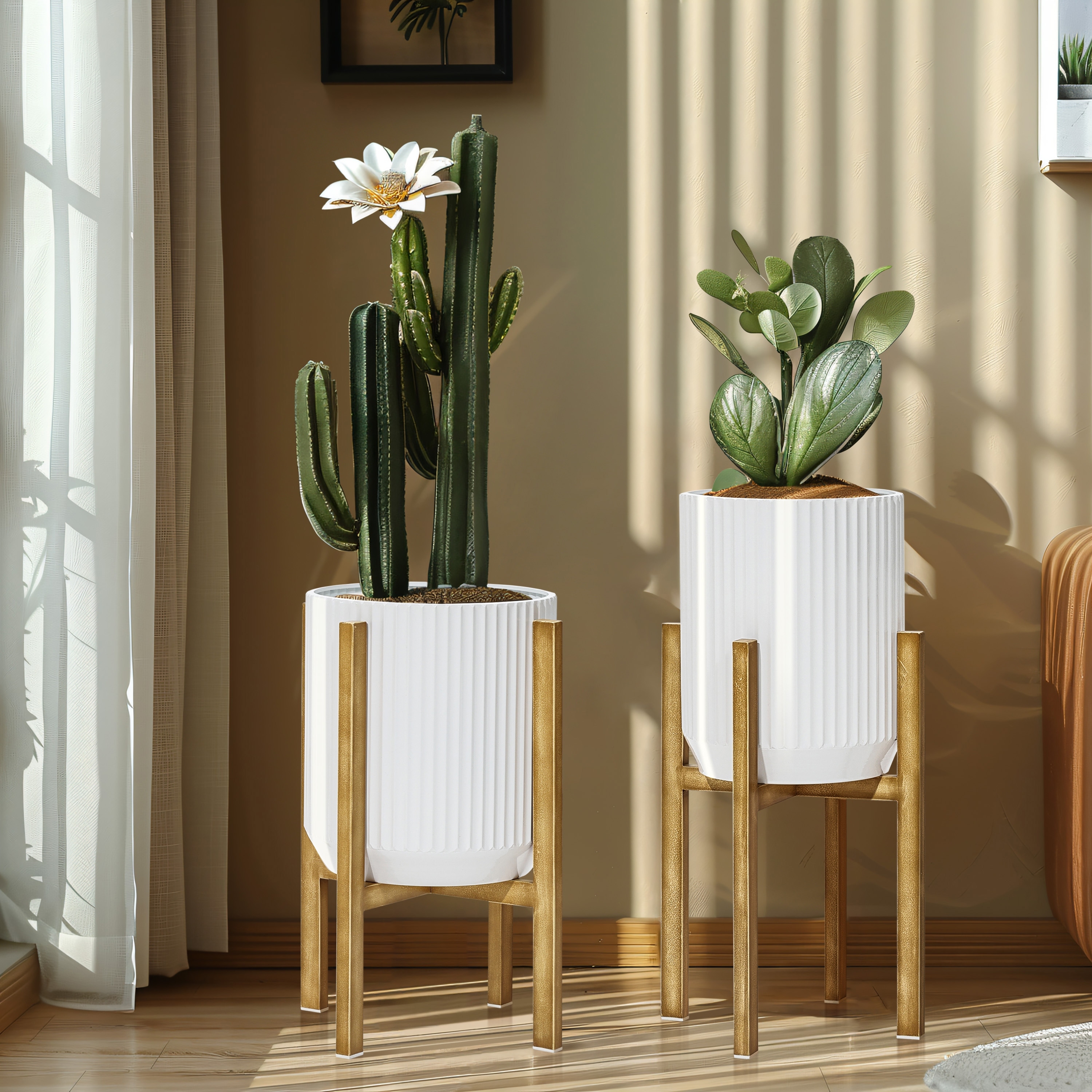 2-Pc Textured Round White Metal Cachepot Planters with Gold Stands