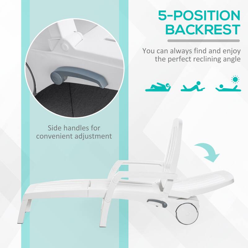 Outdoor Chaise Lounge Chair on Wheels with Storage Box, Waterproof Lounger, 5-Level Adjustable Backrest for Patio, Poolside