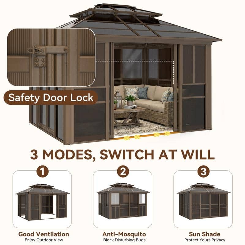 EROMMY Sunroom Gazebo with Double Roof, Adjustable Windows & Lockable Sliding Doors for Patio, Garden, and Backyard