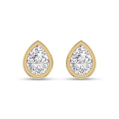 Marquee Lab Grown 1 Carat Pear Shaped Bezel Set Solitaire Diamond Earrings in 14K Yellow Gold