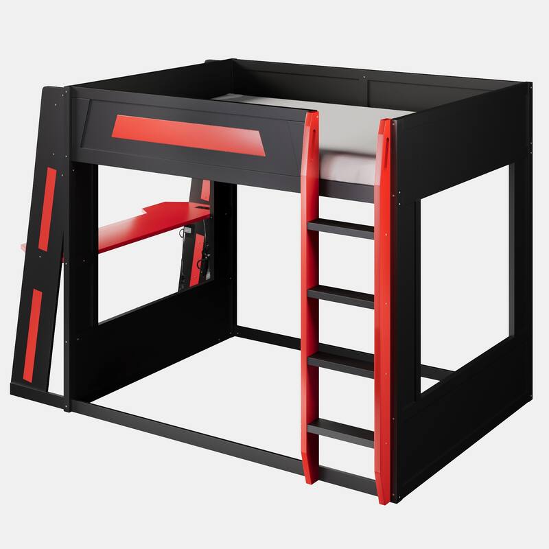 GDFStudio - GameCore Modern Wooden Queen Gaming Bunk Bed with Desk, USB and LED Lighting