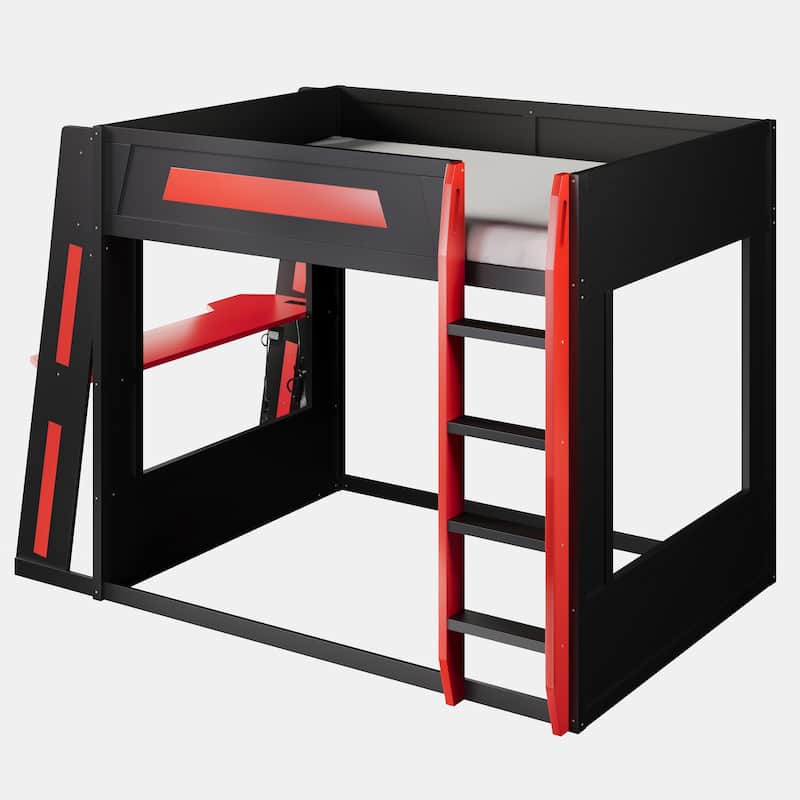 Queen Size Gaming Bunk Bed Gaming Loft Bed with Built-In Gaming Station Cable Management for Gamer Gaming Hotel Gaming Suite