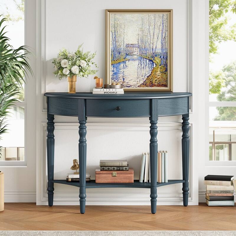 Farmhouse Half Moon Console Table with Drawer and Shelf for Entryway and Living Room Decor