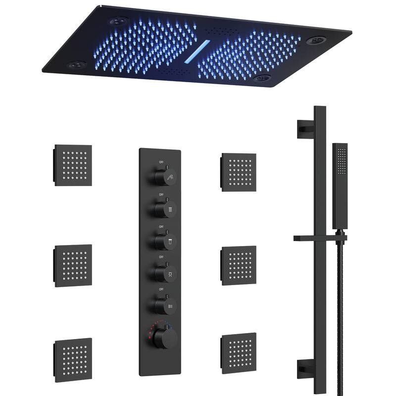 Thermostatic Shower System, 64-Color LED Mood Lighting 3-Functions Shower Head with Bluetooth Music & 6 Body Jets - Matte Black