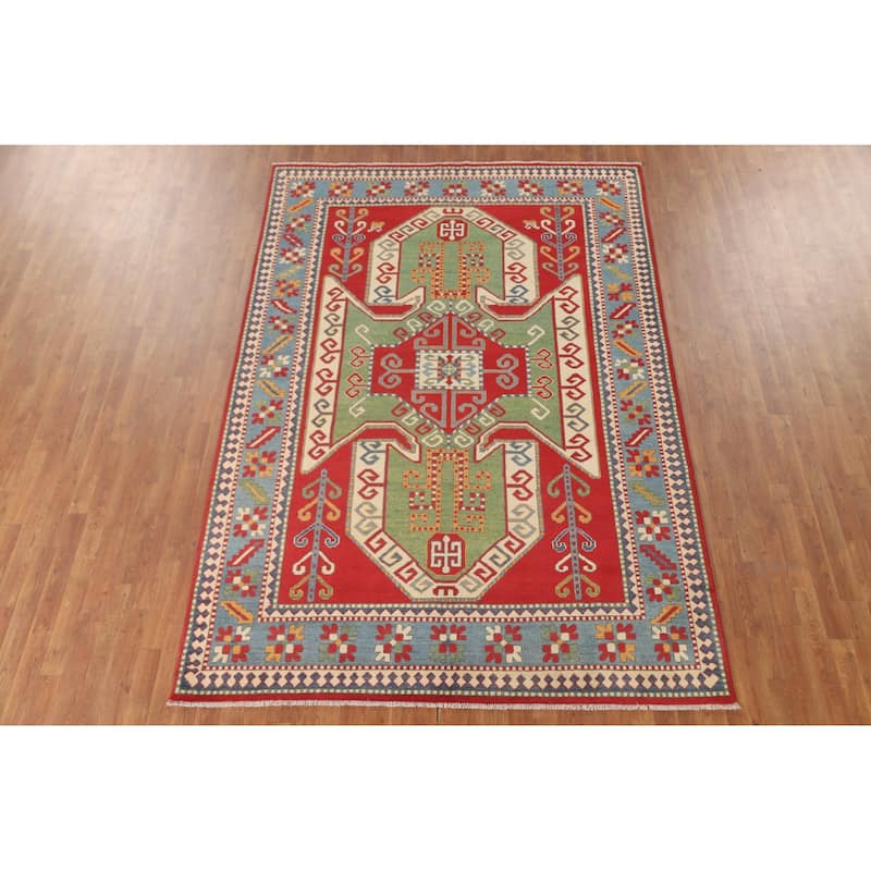 Green & Red Kazak Area Rug Hand-Knotted Wool Carpet - 6'7" x 9'7"