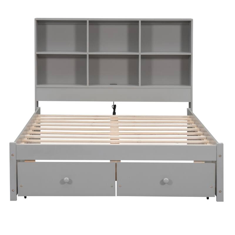 Full Platform Bed with Storage Headboard, USB Charging Ports, and 2 Under-Bed Drawers for Modern Bedrooms