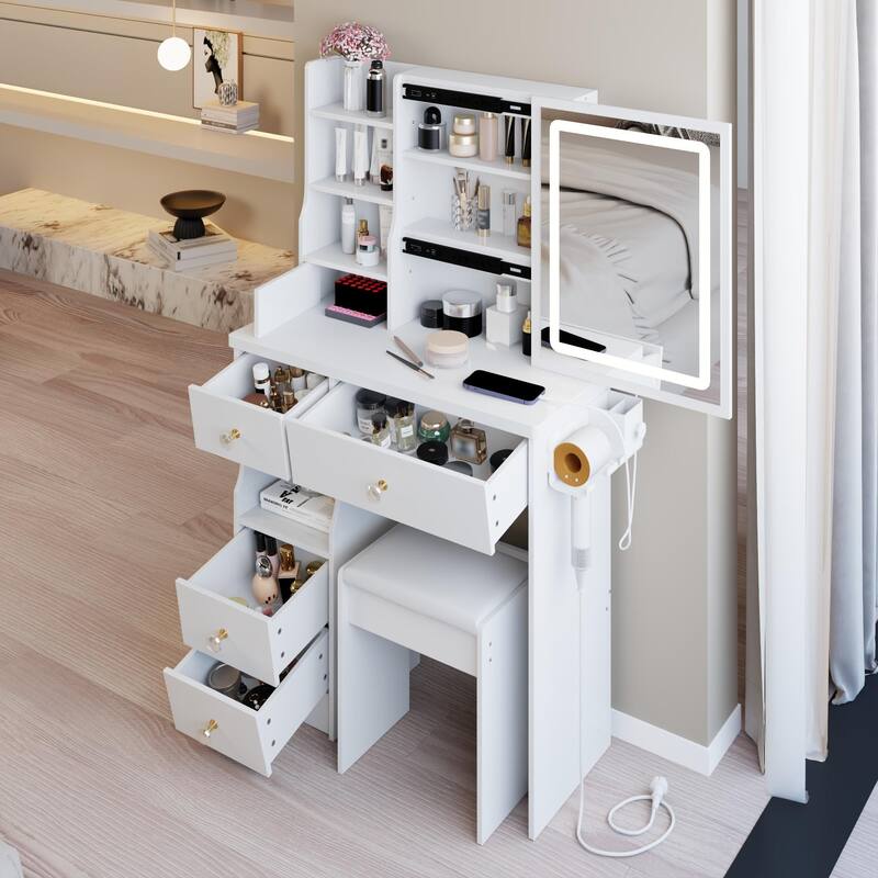 Small Vanity Desk with Sliding Mirror and LED Lights, Makeup Dressing Table with Drawers, Stool & Hair Dryer Bracket