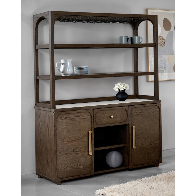 Furniture of America Laria Modern Farmhouse 2-Piece Quartz Stone Top Dark Walnut Wood Dining Hutch and Buffet Set