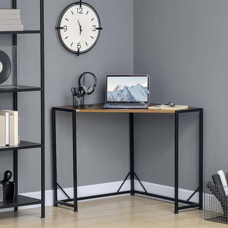 HOMCOM Space-Saving Small Corner Writing Desk & Corner TV Stand, Corner Computer Desk with Strong Metal Frame - Rustic Brown