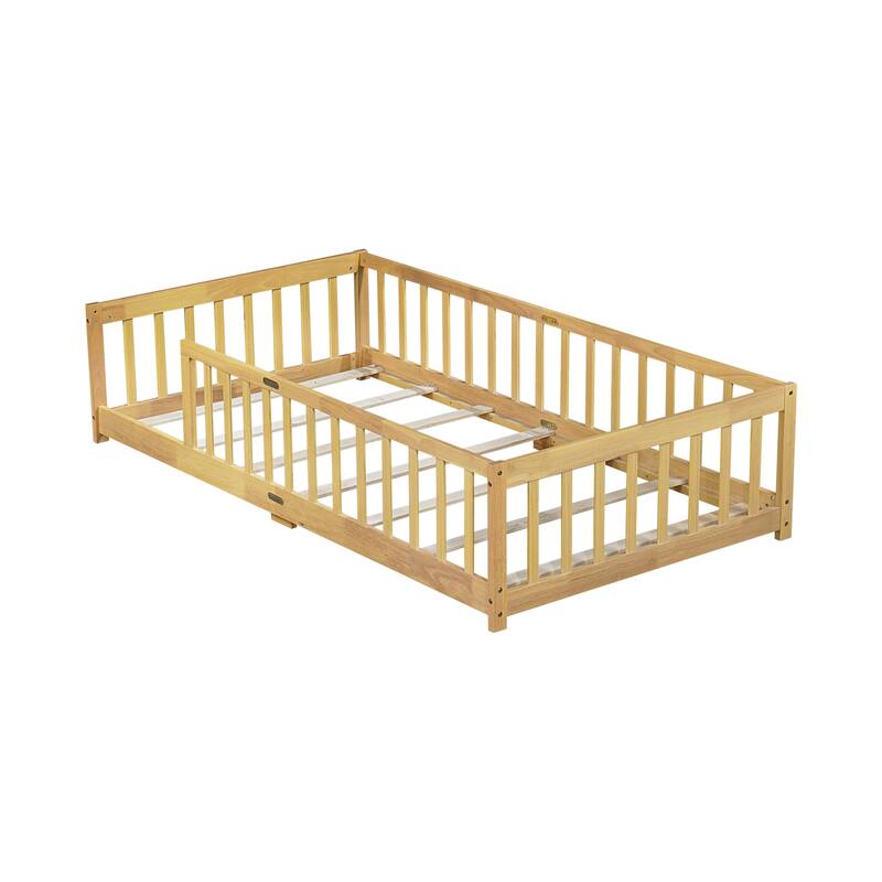 Roomfitters Twin/Full Floor Bed with Surround Fence, Rubber Wood Platform with Guardrails and Slats, Natural