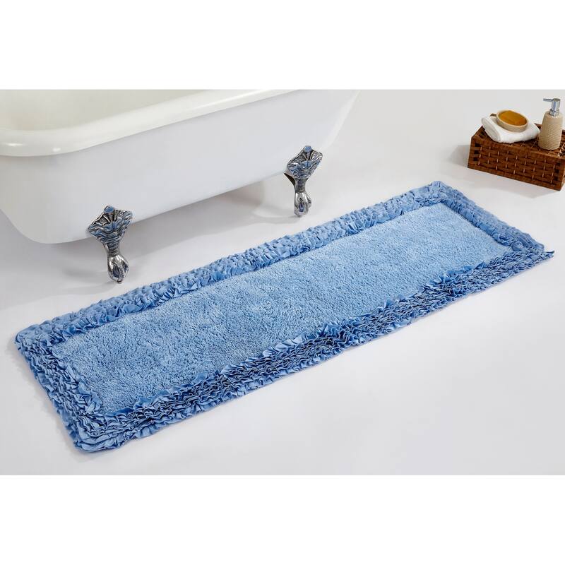 Better Trends Shaggy Border Collection Bathroom Rug -100% Cotton Tufted, Non-Skid Spray Latex Backing, Machine Washable Bath Mat - 20" x 60" Runner - Blue