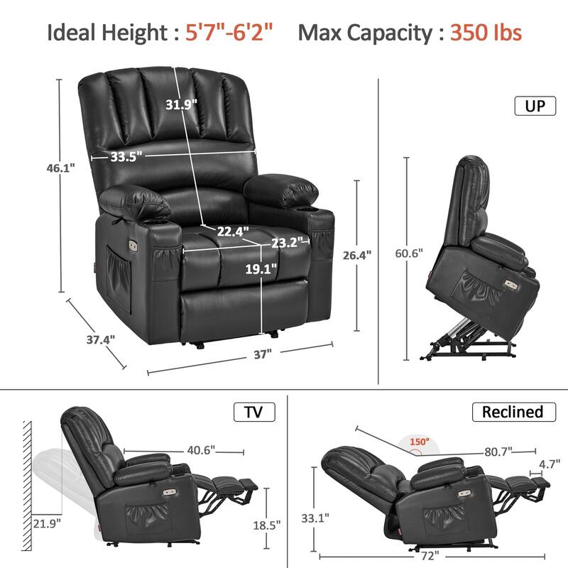 Power Lift Recliner Chair for Elderly, Massage and Heat, Faux Leather & Fabric