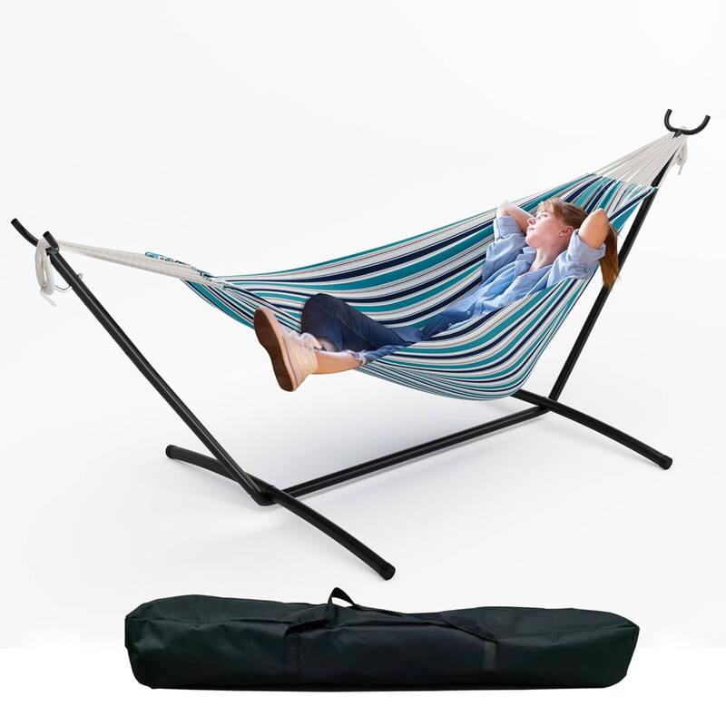 450lb Large Capacity Double Hammock with Steel Stand with Carry Bag for Patio Backyard Poolside - Blue Stripes