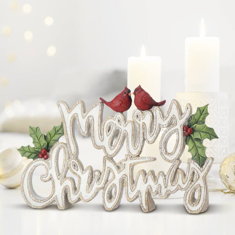 12" Resin Holly Merry Christmas Table Piece