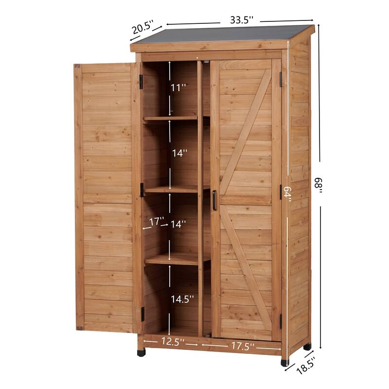 Outdoor Wooden Storage Shed with Metal Top Tall Vertical Tool Cabinet for Backyard Garden Patio Lawn