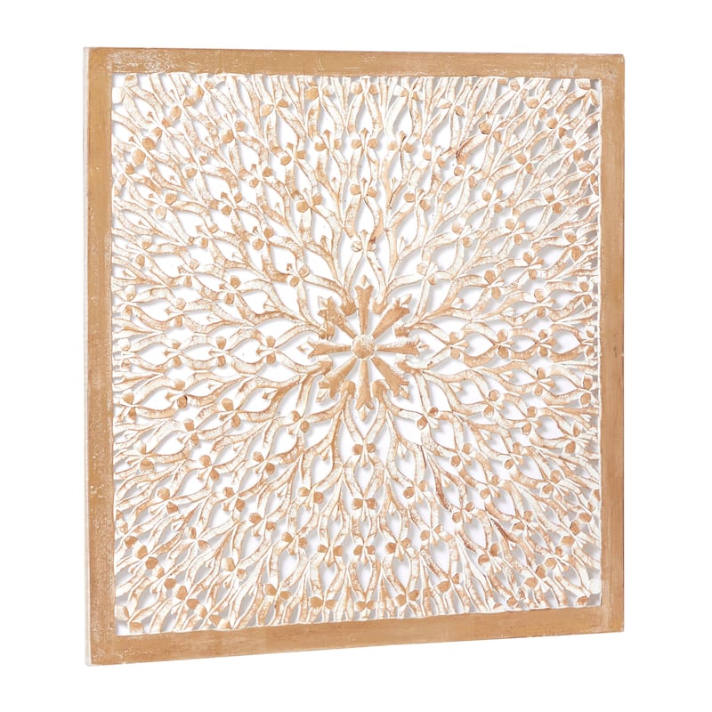 Light Brown Wood Handmade Intricately Carved Floral Home Wall Decor with Mandala Design