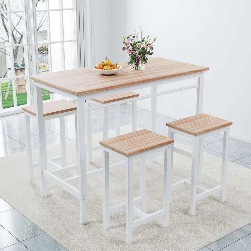Simple Counter Height Dining Set Pub Table with 4 Stools, White Oak Bistro Table Set with 4 Bar Stools