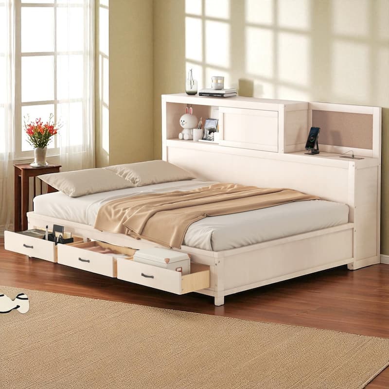 Full Size Wooden Daybed with 3 Drawers, USB Charging Ports, Shelf, and Soft Headboard Panel - No Box Spring Needed - White - Full