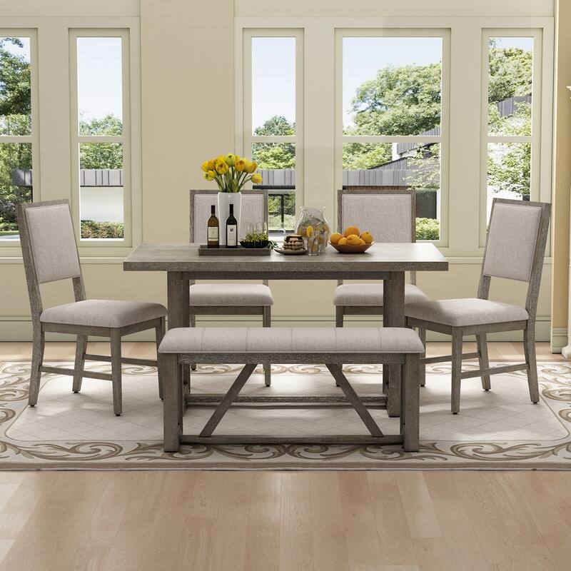 Spruce & Spring Dining Table Set for 6, 6-Piece Mid Century Modern Farmhouse Table with Chairs and Bench - Grey