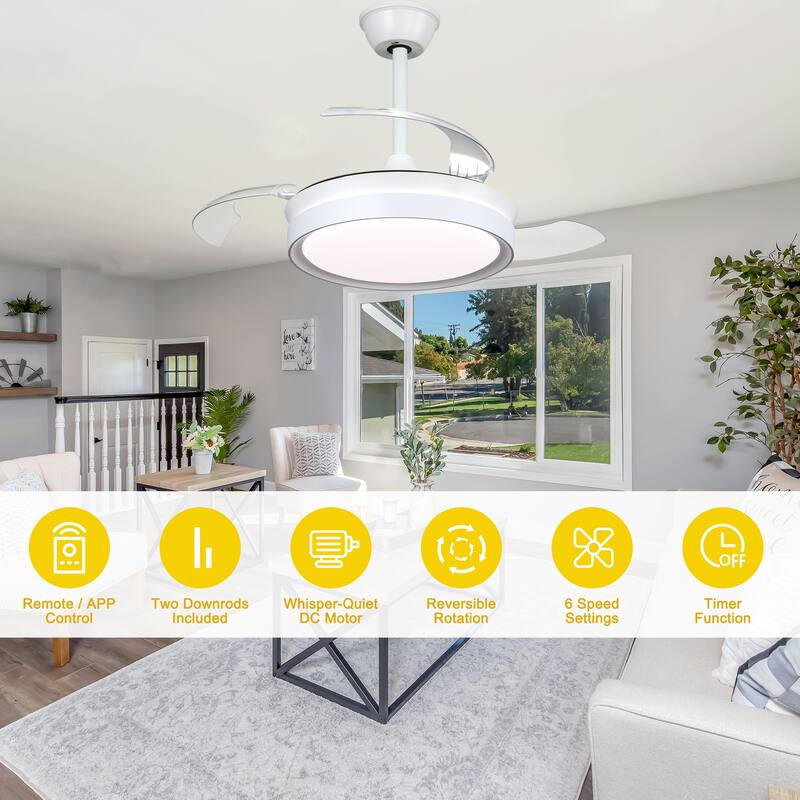 Oaks Aura Modern 36in. LED Light Memory Retractable Ceiling Fan with Light, 6-Speed,Dc Motor Technology, Remote Control