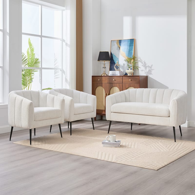 3-Piece Chenille Small Living Room Furniture Set with Metal Legs,Channel Tufted Sofa Conversation Set,Loveseat & 2 Accent Chair